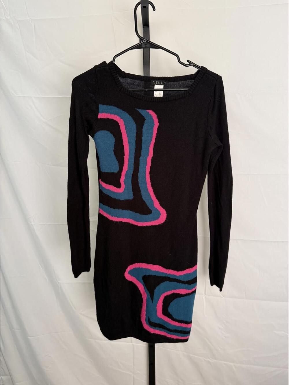 Venus XS Long Sleeve Black Dress with Colorful Abstract Design